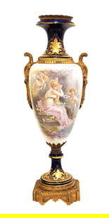 Antique Sevres-Style Porcelain and Gilt Bronze Vase with Hand-Painted Scene: Antique Sevres-Style Porcelain and Gilt Bronze Vase with Hand-Painted Scene Measure 24"in H x 6 1/2"in W x 6 1/2"in D bottom Exquisite 19th-century Sevres-style porcelain vase featuring a finely detai