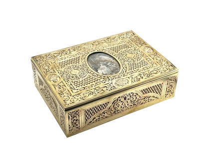 Antique Large Jewerly Box: Large gilt brass jewelry box with fabric lined interior and a hand painted miniature inset under glass Measure 2 3/4"in H x 9"in W x 6 1/2"in D