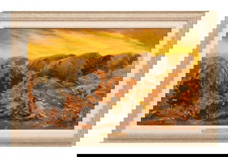 August (Curley) Lenox (1908 - 1986) American: August (Curley) Lenox (1908 - 1986) American Title: The Prairie Fires Oil on Canvas Measure 24"in H x 40"in W and 32"in H x 48"in W framed Known for: Western scene, Indian figure and genre