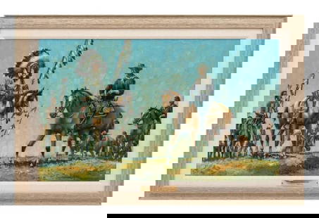 August (Curley) Lenox (1908 - 1986) American: August (Curley) Lenox (1908 - 1986) American Title: Extermination by Military Order Oil on Canvas Measure 24"in H x 40"in W and 31 1/2"in H x 47 1/2"in W framed Known for: Western sce