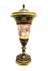 Antique French 19th Century Hand Painted Sevres Porcelain Cobalt Blue Vase