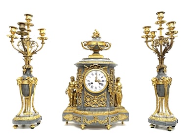 Louis XVI Style Gilt Bronze Mounted Blue Turquin Marble Three Piece Clock Garniture Paris Circa 1875
