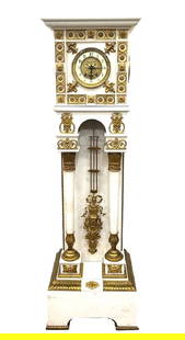 A French Empire Style Gilt-Bronze Mounted Marble Pedestal Clock: A French Empire Style Gilt-Bronze Mounted Marble Pedestal Clock Stunning floor clock, variegated white marble case, applied gilt bronze accents, two tapered full column supports. Porcelain chapter rin
