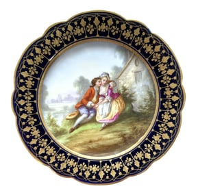 French Sevres Hand-Painted Porcelain Plate with Cobalt Border, Signed Boucher