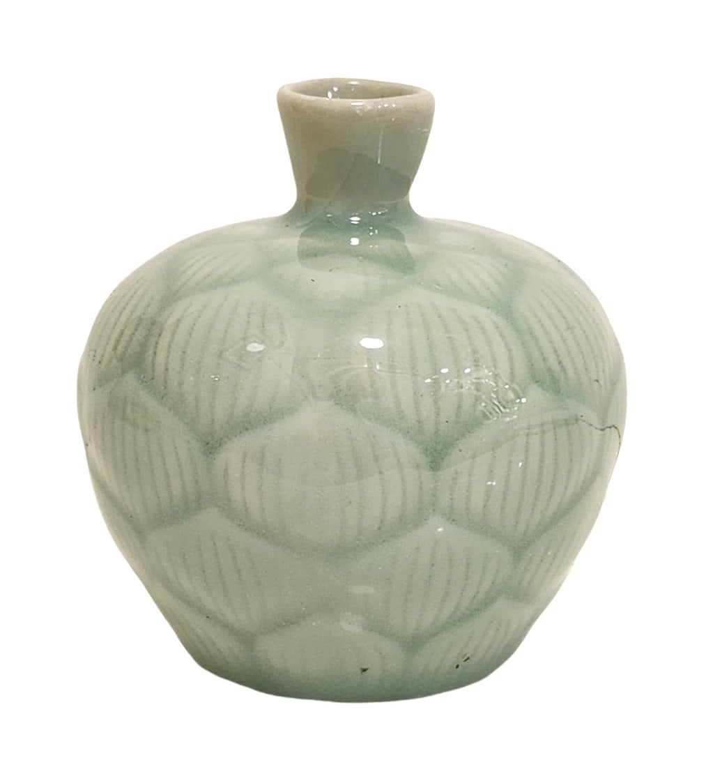 Vintage Korean-Style Celadon Glazed Vase with Geometric Pattern (1 of 2)