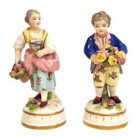 Pair of Porcelain Figurines – Sevres Marked Lady with Flowers & Gentleman Companion