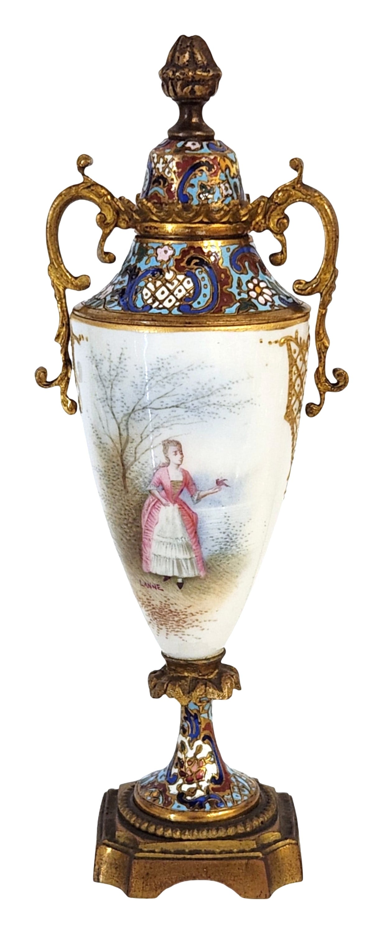 19th Century Sevres Porcelain and Champleve Enamel Urn, Hand-Painted and Signed Lanne (1 of 5)
