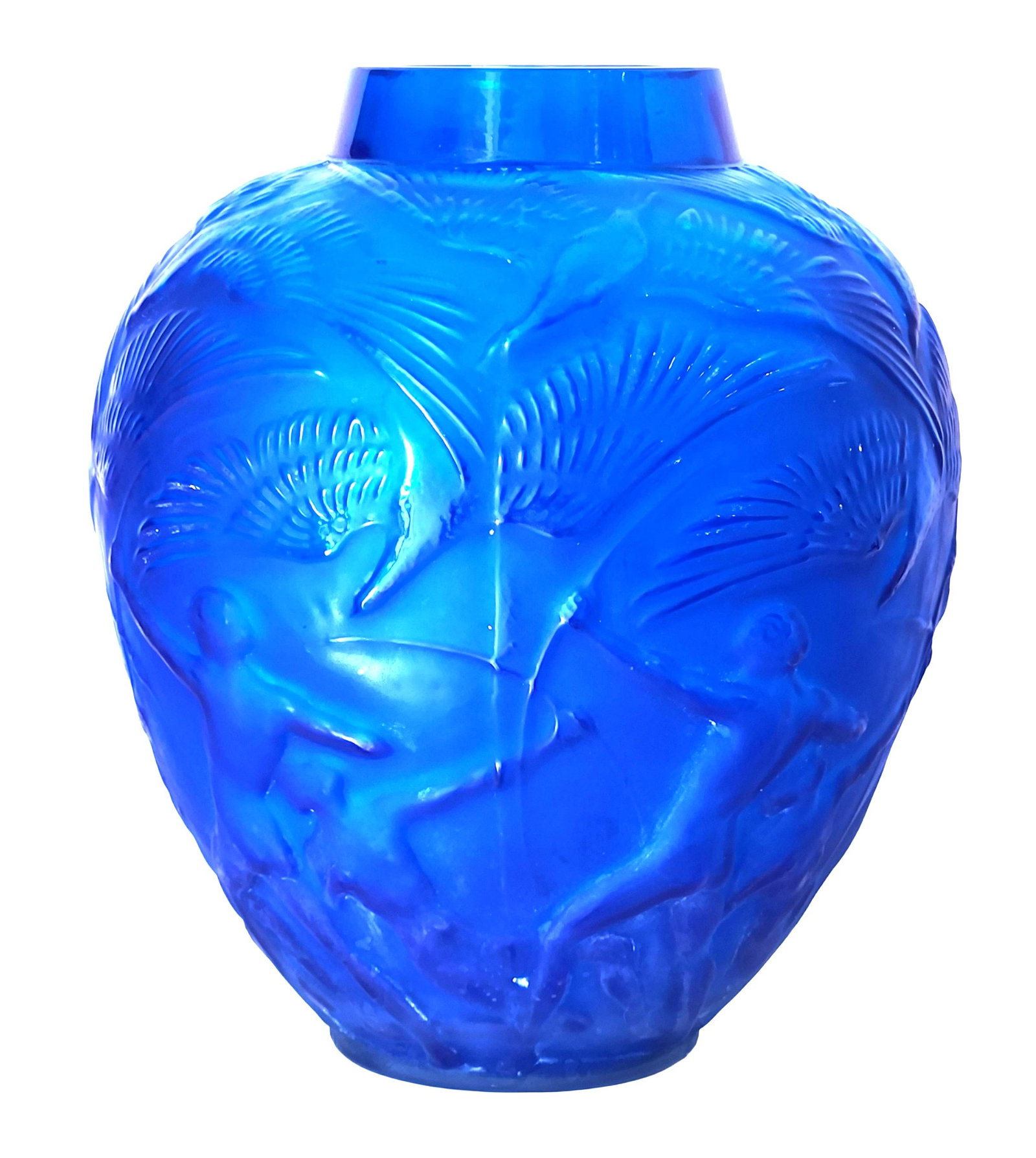 Signed R. Lalique ARCHERS Cobalt Blue Glass Art Deco Vase – Nude & Bird Relief: Exquisite and rare Signed R. Lalique ARCHERS vase in stunning cobalt blue glass. This iconic Art Deco piece features an elegant raised relief of nude female figures with stylized birds in flight, grac