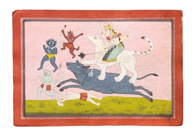Antique Indian Miniature Painting – Goddess Durga on Tiger Battling Demons