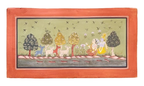 Antique Indian Miniature Painting of Krishna and Radha in a Forest Scene – Sanskrit Verse Verso