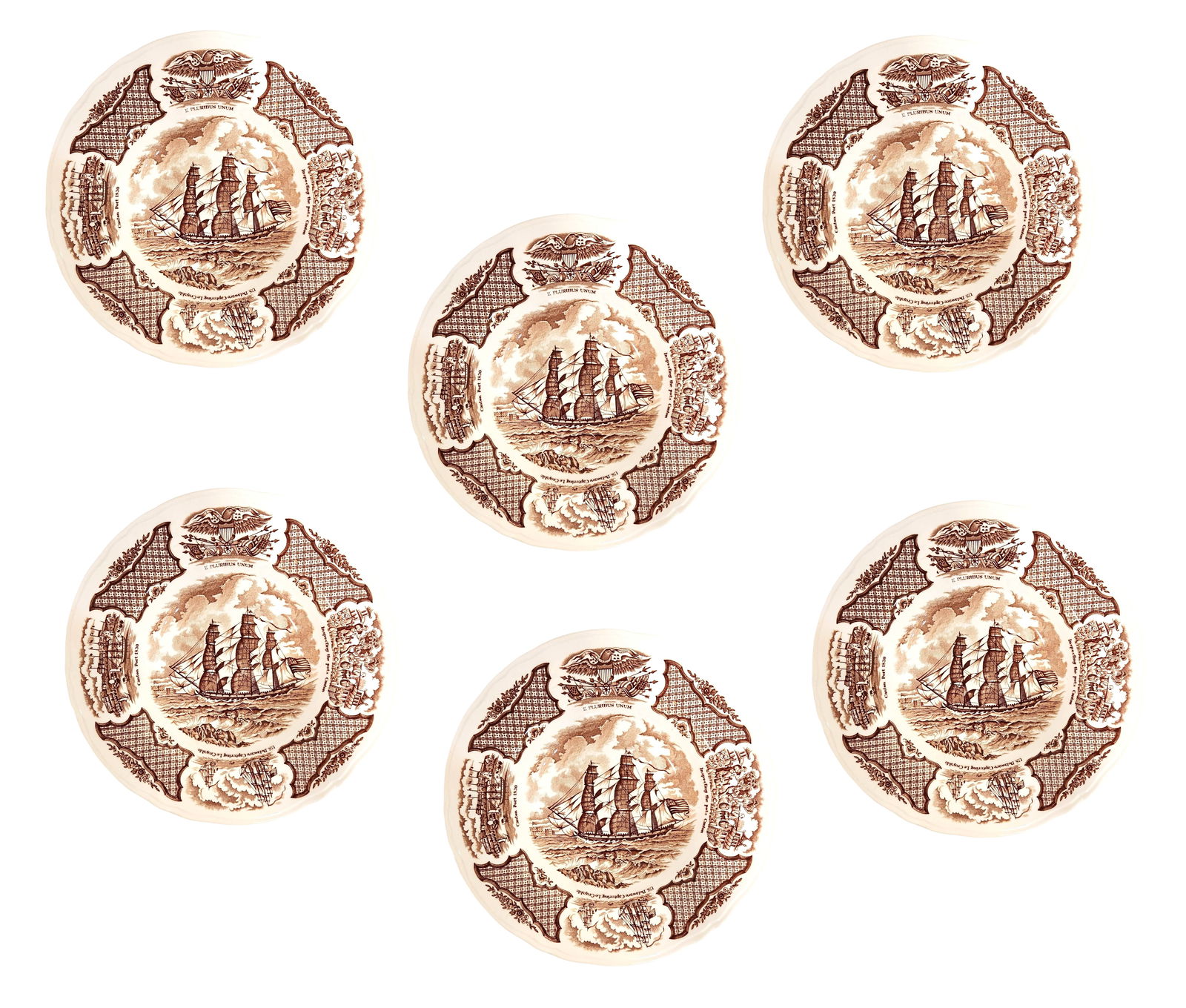 Set of 6 Alfred Meakin “Fair Winds" Historical Ship Plates – Grand Turk, England: Set of six vintage English transferware plates from the “Fair Winds” series by Alfred Meakin, Staffordshire. Each plate features The Grand Turk under full sail, with detailed brown transfer sc