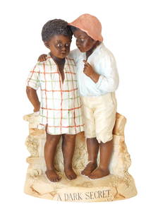 Antique Germany Gebruder Heubach Figural Group - “A Dark Secret: Antique Germany Gebruder Heubach Figural Group Title: A Dark Secret Bisque and Porcelain Measure 10"in H x 6"in W x 3 1/2"in D The piece portraits two children having a secretive conversation.