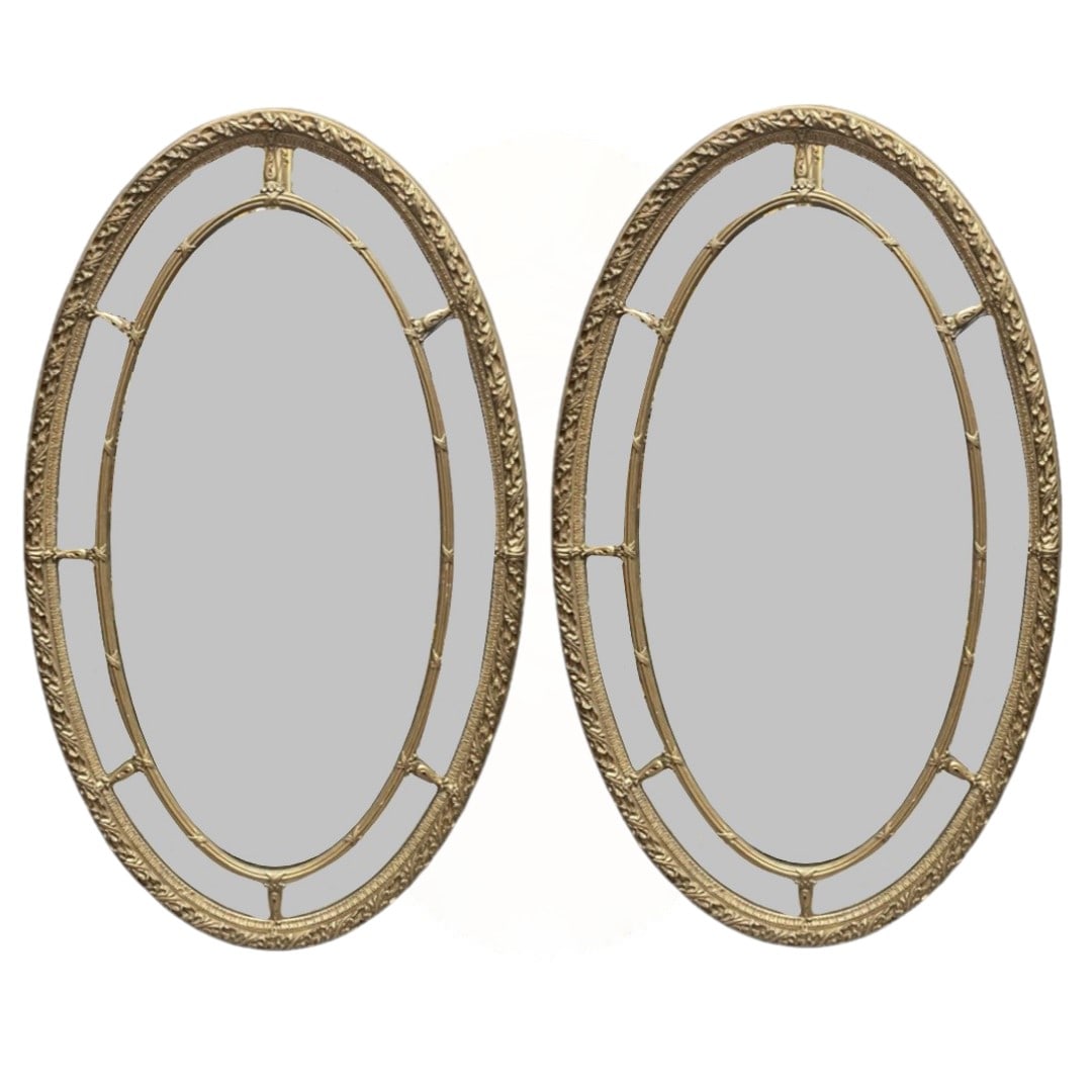 Pair of Vintage Oval Brass Framed Mirrors with Wreath and Ribbon Motif (1 of 3)