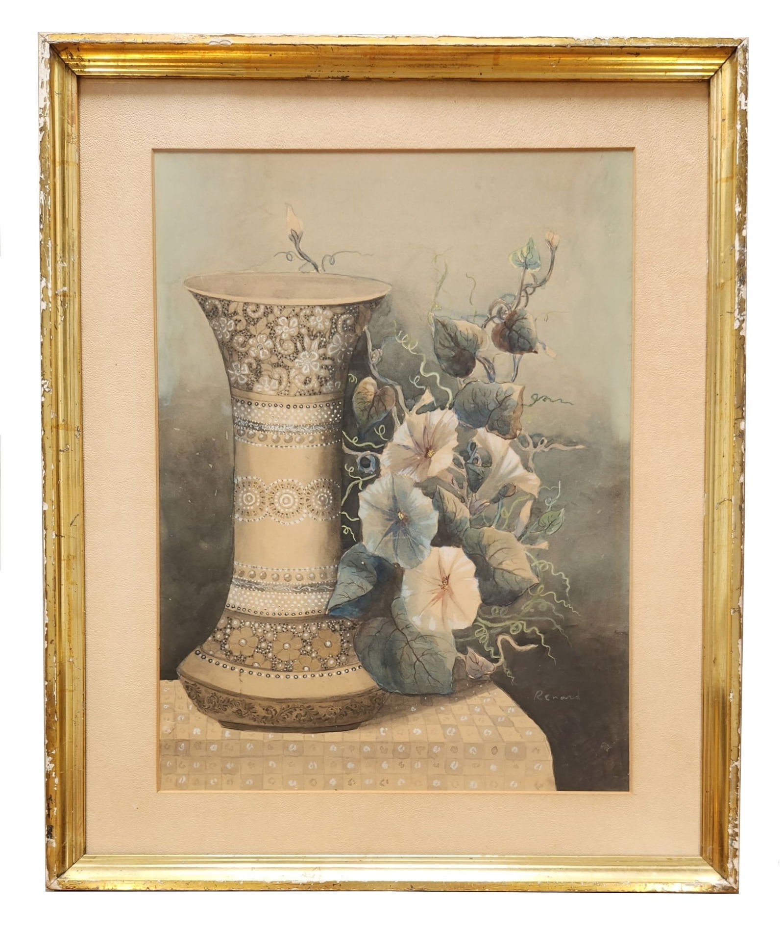 Fernand Renard (1912 - 1988) France: Fernand Renard (1912 - 1988) France Watercolor on Paper Measure 17 1/4"in H x 13"in W and 23"in H x 19"in W with frame Known for: Trompe floral still-life, botanics, birds and other object painting-fu