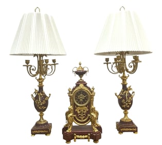 19th Century French Gilt Bronze & Marble Clock Garniture Set with Candelabra Lamps
