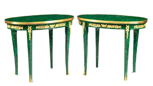 Pair of Louis XV Style Gilt Bronze Mounted Malachite Tables