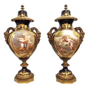 Pair of Antiques French Exceptionals Hand Painted Sevres Porcelain Vases