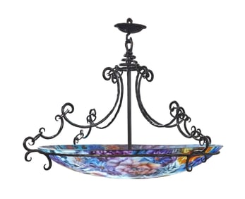 Ulla Darni Signed Hand-Painted Reverse Glass Chandelier with Wrought Iron Frame