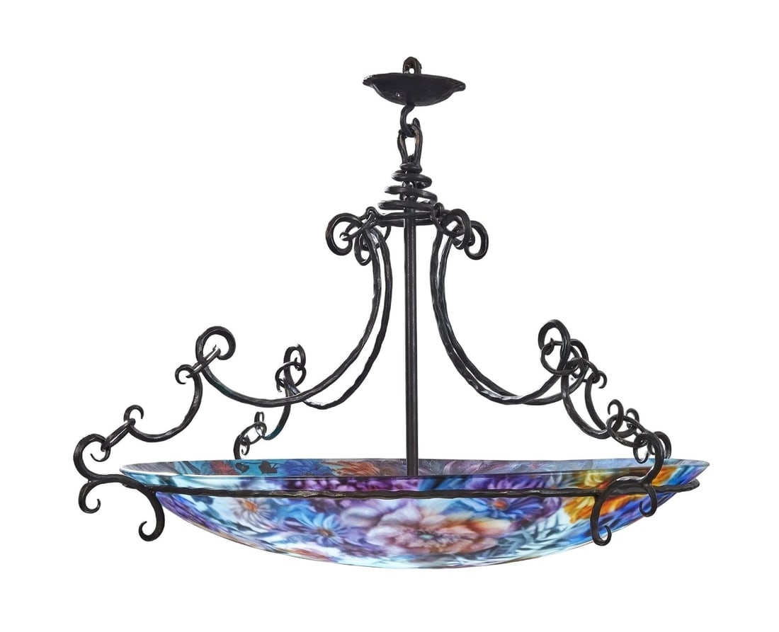 Ulla Darni Signed Hand-Painted Reverse Glass Chandelier with Wrought Iron Frame (1 of 6)