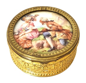 Antique Gil Bronze Box with Miniature Porcelain Plaque Engraved