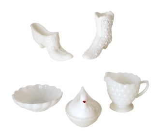 Vintage White Milk Glass Collection – Figural Shoes, Hen-on-Nest, & Tableware (5 Pcs)