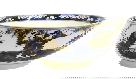 Hand-Painted Japanese Arita Porcelain Bowl – Blue and White Style: This bowl is a fine example of Arita porcelain, a renowned Japanese ceramic tradition known for its underglaze cobalt blue decoration. The hand-painted scene depicts traditional Japanese figures in a