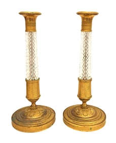 Pair of Antique French Empire Baccarat Style Gilt Bronze & Cut Crystal Candlesticks