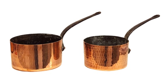Pair of Vintage French Hand-Hammered Copper Saucepans with Iron Handles