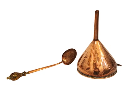 Antique English Victorian Copper Wine Funnel and Straining Spoon