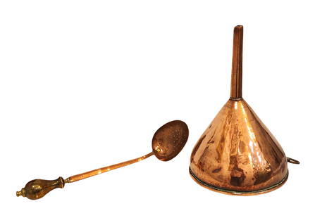 Antique English Victorian Copper Wine Funnel and Straining Spoon: Antique English Victorian Copper Wine Funnel and Straining Spoon Measure 15"in H Measure 14"in H x 9"in Diameter
