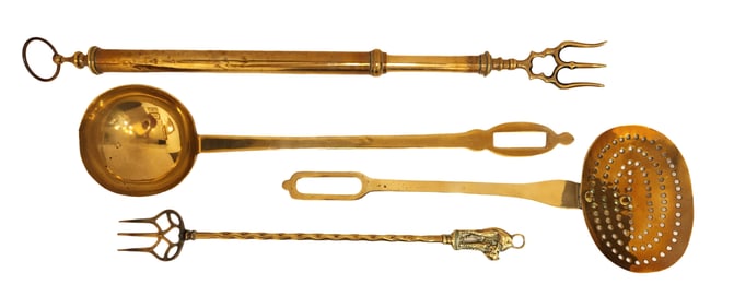 19th Century English Solid Brass Fireplace Toasting Forks and Spoons