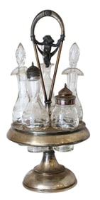 Victorian Meriden B. Company Silverplate Cruet Castor Set with Cherub Handle & 5 Etched Bottles