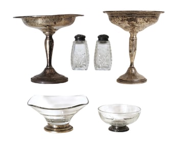 Lot of 6 Marked Sterling Silver & Glass Tableware Pieces – Compotes, Bowls, Shakers