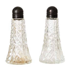 Pair of Vintage Cut Glass Salt & Pepper Shakers with Marked Sterling Silver Lids