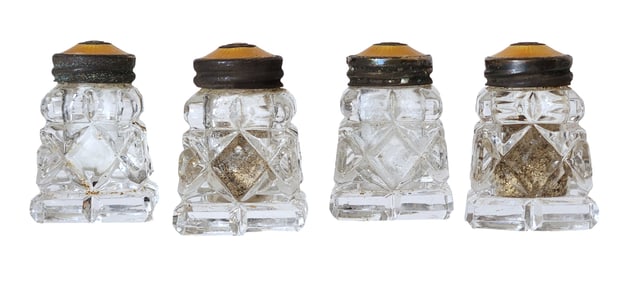 Set of 4 Guilloché Enamel Miniature Glass Salt Shakers – Yellow Tops