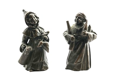 Pair of Vintage European Bronze Figurines – Peasant Woman & Wine Monk