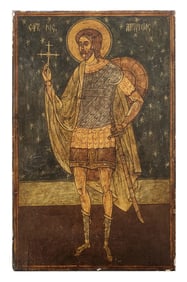 Antique Greek Orthodox Icon of Saint Artemios – Hand-Painted Tempera on Wood