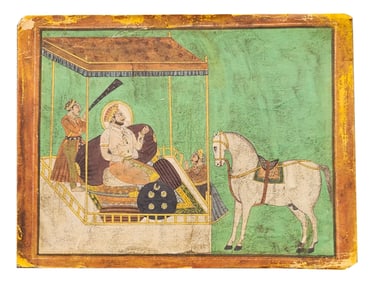 Indian Miniature Painting of a Royal Figure in Canopy Pavilion – Rajput School