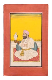 Indian Miniature Painting of a Nobleman with Falcon – Rajput Style