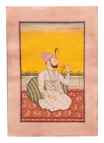 Indian Miniature Painting of a Nobleman Holding a Flower – Rajput/Mughal Style