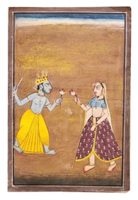 Indian Miniature Painting of Krishna and Radha with Lotus Flowers – Rajput/Kangra Style
