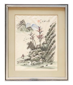Framed Chinese Ink and Color Landscape on Silk with Calligraphy and Seal