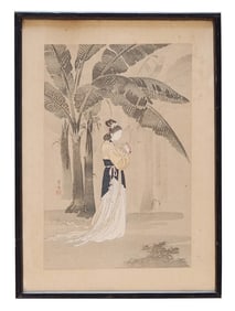 Framed Japanese Woodblock Print of Woman with Baby under Banana Tree