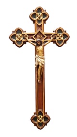 Antique Gothic Revival Wall Crucifix with Carved Corpus and IHS Insignia – 19th Century