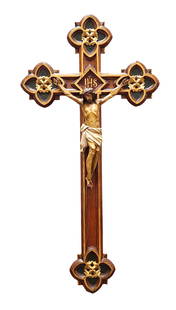Antique Gothic Revival Wall Crucifix with Carved Corpus and IHS Insignia – 19th Century: Beautifully crafted antique wall crucifix, likely dating from the late 19th century, in the Gothic Revival style. The cross features elaborate quatrefoil terminals, gilded highlights, and a deeply car