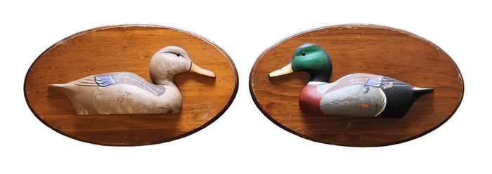 Pair of Hand-Painted Wood Duck Reliefs Mounted on Oval Plaques – Mallard Drake & Hen