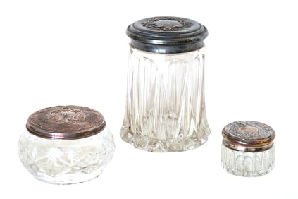 Set of 3 Antique Cut Glass Vanity Jars – Sterling & Silverplate Lids (Gorham & Others)