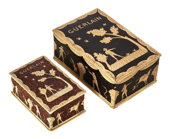 Pair of Vintage GUERLAIN Decorative Boxes – Gilded Classical Scenes, Mid-20th Century