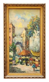 Signed Oil on Canvas Street Market Scene by Nino, Framed