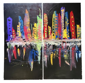 Large Abstract Cityscape Diptych Painting on Canvas – Vibrant Skyline with Reflection
